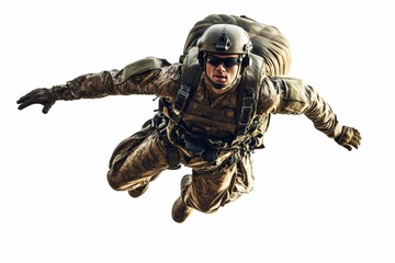 Fototapeta premium Camouflaged soldier parachuting, military gear.