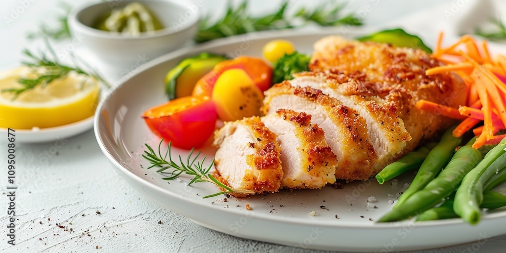 Poster a close-up of sliced chicken cordon bleu on a white background shows gooey cheese and ham served wit