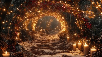 Festive Christmas Elements: Pine Branches, Ornaments, Gifts, Candles, and Snowy Landscapes