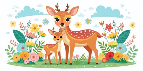 Happy Mother's Day Clipart Featuring Cartoon Deer Mom and Baby Animals in a Playful and Colorful Flat Style for Family Celebrations and Seasonal Decor