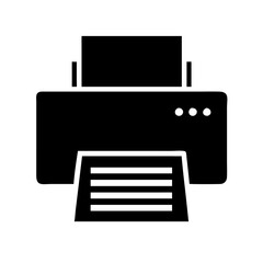 Minimalist black flat printer icon featuring a clean and modern design. The icon showcases a simplified silhouette of a printer, suitable for digital applications, websites, mobile a
