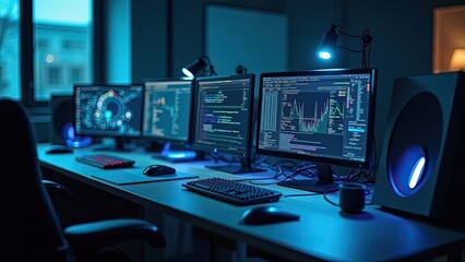 Fototapeta premium Multiple computer monitors displaying data and coding in a dimly lit office space at night