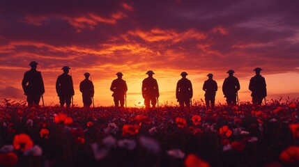Fototapeta premium Soldiers create a dramatic silhouette as they stand in a field of flowers during a breathtaking sunset, reflecting camaraderie and remembrance at dusk.