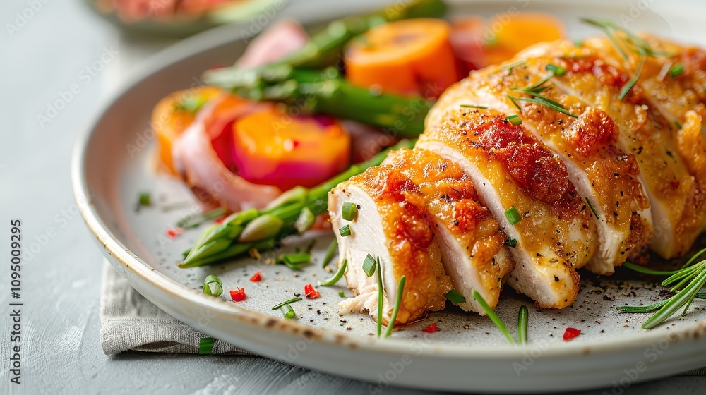Poster a close-up of sliced chicken cordon bleu on a white background shows gooey cheese and ham served wit