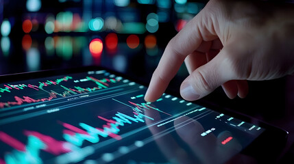 Finger touches digital tablet displaying stock market data at night with glowing graphs and charts