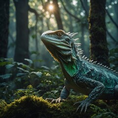 Fototapeta premium A dragon-like lizard glowing in an ethereal forest.
