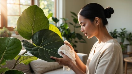 Indoor plant care Woman cleaning fiddle leaf fig in a bright indoor setting