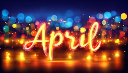 Vibrant Neon Sign with the Word April, Evoking Springs Energetic Arrival on a Bokeh Background