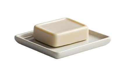 Square Beige Soap Dish and Bar on Black Background - Photo