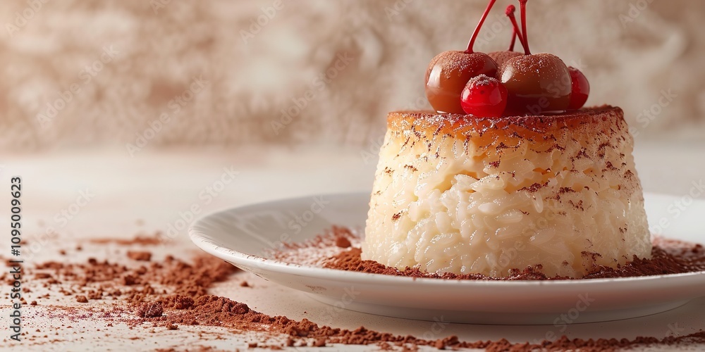 Poster an aerial view of a bowl of arroz doce with a large copy area for background use on a tidy light bro