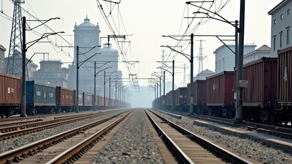 Naklejka premium Train tracks lined with freight cars near an industrial area in the early morning mist