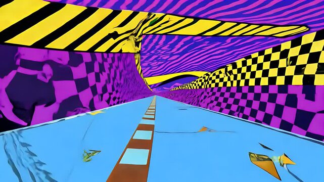 Colorful abstract landscape with vibrant patterns and dynamic stripes creating a surreal road.
