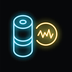 Blue neon icon of a battery with a yellow signal representing current flow, isolated on a black background