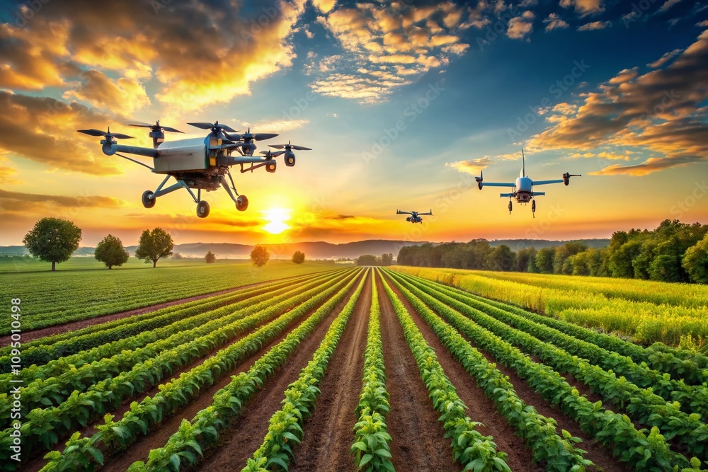 Poster high depth of field capture of modern technology transforming agriculture with drones, sensors, and 