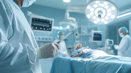 Surgical Team in Operating Room with Patient on Table Undergoing Procedure, Focus on Doctor Holding Surgical Instrument, Healthcare Environment, Medical Equipment, and Professional Staff