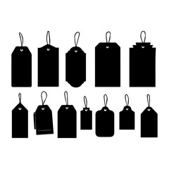 Black silhouette of various Price tag icon set icon on white background