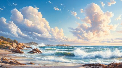A serene seaside landscape featuring gentle waves, rocky shores, and a vibrant sky filled with fluffy clouds during sunset.
