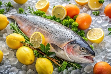 High Depth of Field Image of Fresh Salmon Fish on Ice Surrounded by Lemons and Herbs, Ideal for Culinary and Seafood Related Stock Photos, Showcasing Vibrant Colors and Textures