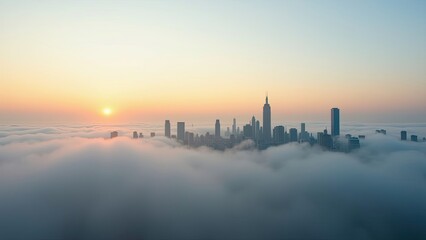 Fototapeta premium Skyline of a city shrouded in fog at sunrise with towering buildings emerging against the backdrop