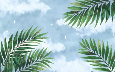 Fototapeta premium Tropical paradise sky. Serene palm leaves against a dreamy sky evokes peace, tranquility, and summer vacation vibes.