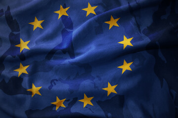 colourful waving flag of european union on the old army khaki texture background. military concept.