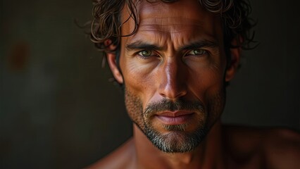 Obraz premium Close-up portrait of a man with strong features and intense expression in natural light ambiance