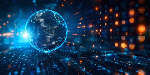 Fototapeta premium An illustration of&nbsp;developing view of the natural world in the digital age binary numerals on a dark blue backdrop with glass earth and space for backdrop use, Generative AI.