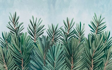 Lush green foliage. Serene watercolor painting of vibrant evergreen branches, symbolizing growth and nature's peace.