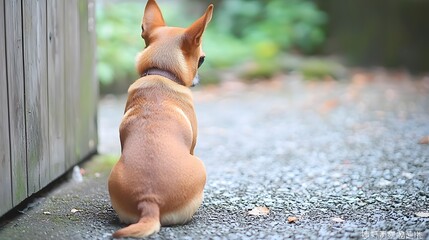 A dog sitting patiently by a closed wooden door, waiting to be let inside. 