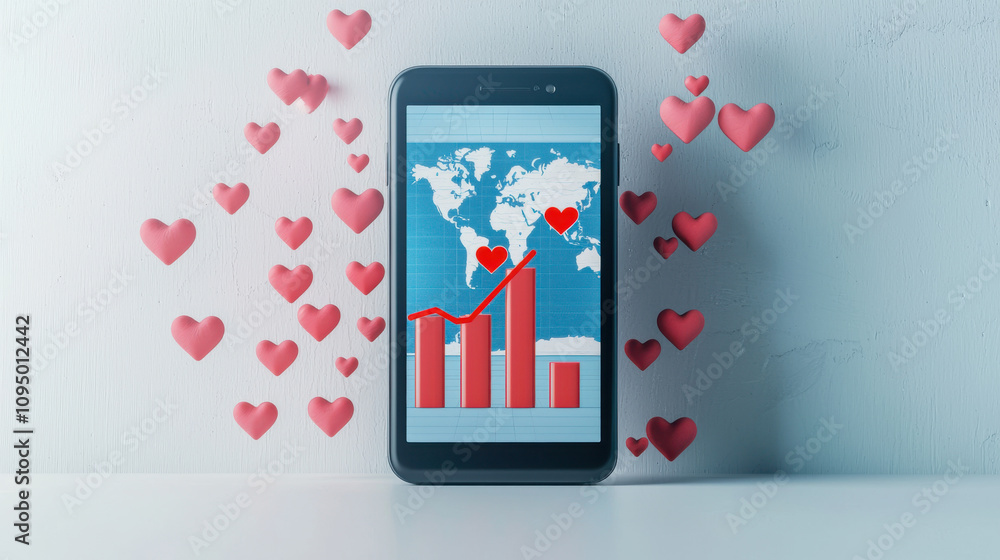 Poster modern smartphone displays rising bar graph with red heart shapes, symbolizing growth and love. this