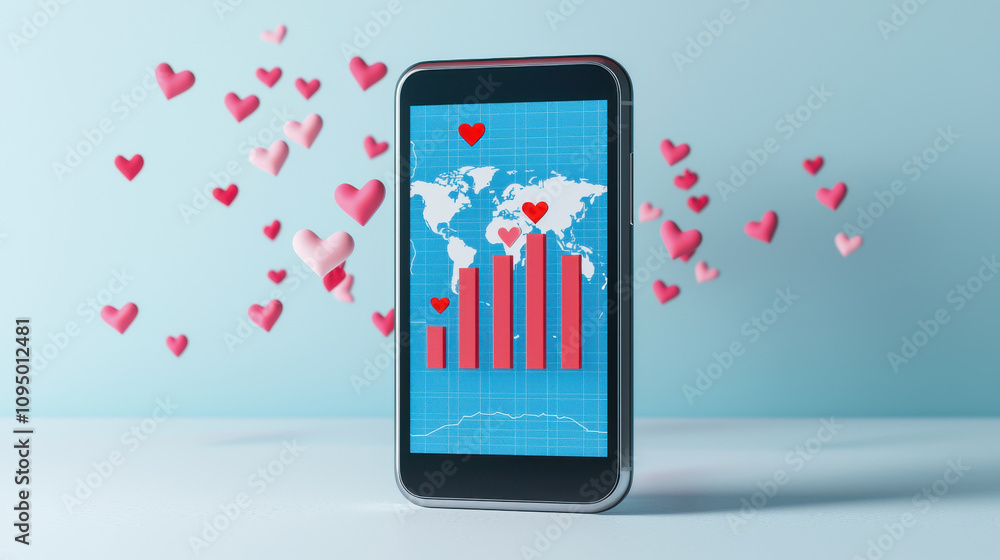 Poster modern smartphone displaying rising bar graph with red heart shapes symbolizes growth and love. this