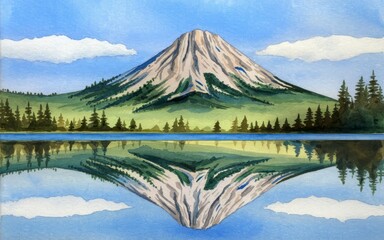 Mountain lake reflection. Serene mountain peak mirrored in a tranquil lake, evokes peace and tranquility. Nature's perfect symmetry.