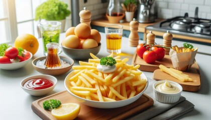 French fries fried in a white plate with dipping sauce are placed far away in the kitchen.