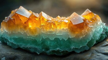 Obraz premium A stunning crystal formation with orange and green hues, showcasing natural geological beauty.