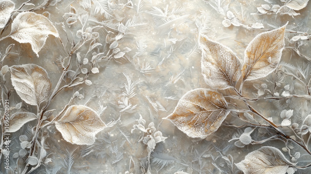 Poster close-up artistic capture of frost-covered leaves on a soft background, showcasing intricate details