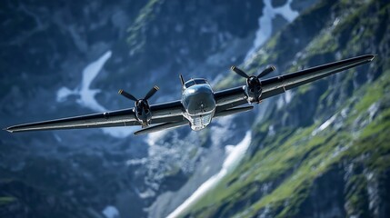Propeller plane executing a daring and precise knife edge flight maneuver against the majestic backdrop of a rugged mountain landscape  This high speed