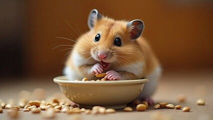 Hamster enjoys a meal from its bowl surrounded by scattered food on a wooden surface