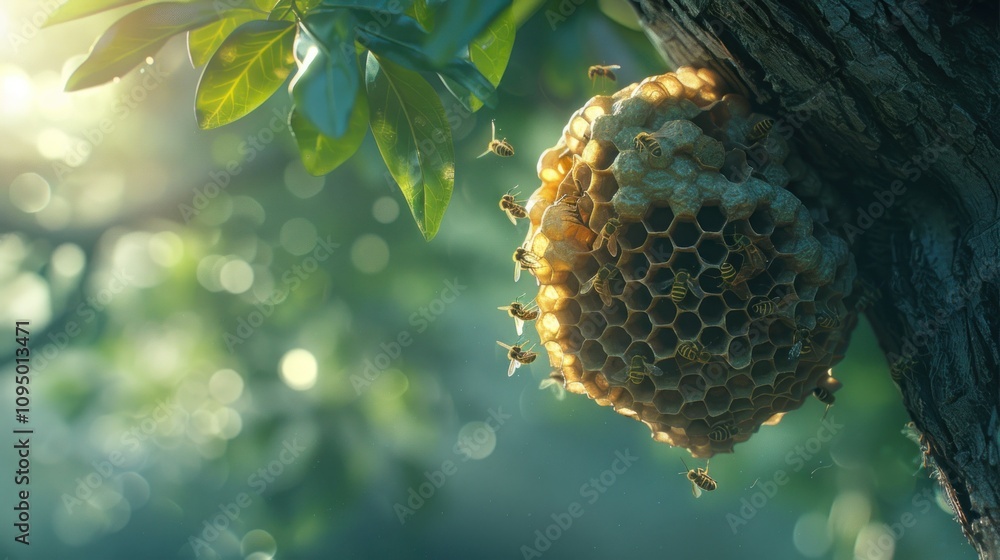 Poster honeycomb nest with bees on tree in sunlight.