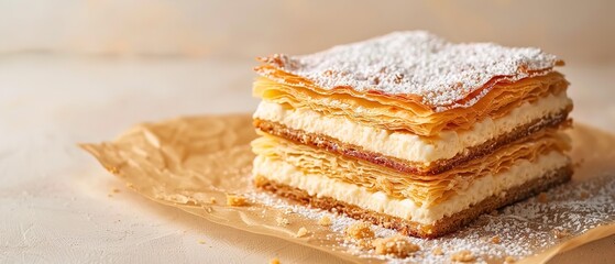 A close-up of a piece of vanilla or custard French mille-feuille cake Napoleon puff pastry stacked with cream against a light beige backdrop, Generative AI.