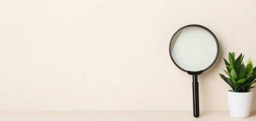 anti tracking settings concept. A minimalist desk scene featuring a magnifying glass beside a small potted plant against a light-colored wall.