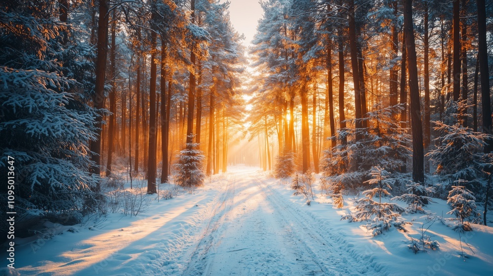 Poster serene forest pathway covered in freshly fallen snow with warm light filtering through tall trees at