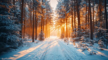 Serene Forest Pathway Covered in Freshly Fallen Snow with Warm Light Filtering Through Tall Trees at Dawn, Creating a Tranquil Winter Scene