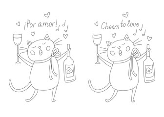 Card with a funny cat holding a bottle of wine and a glass. Cheers to Love in both Spanish and English hand drawn lettering, black outline doodle illustration for coloring and Valentine's day card