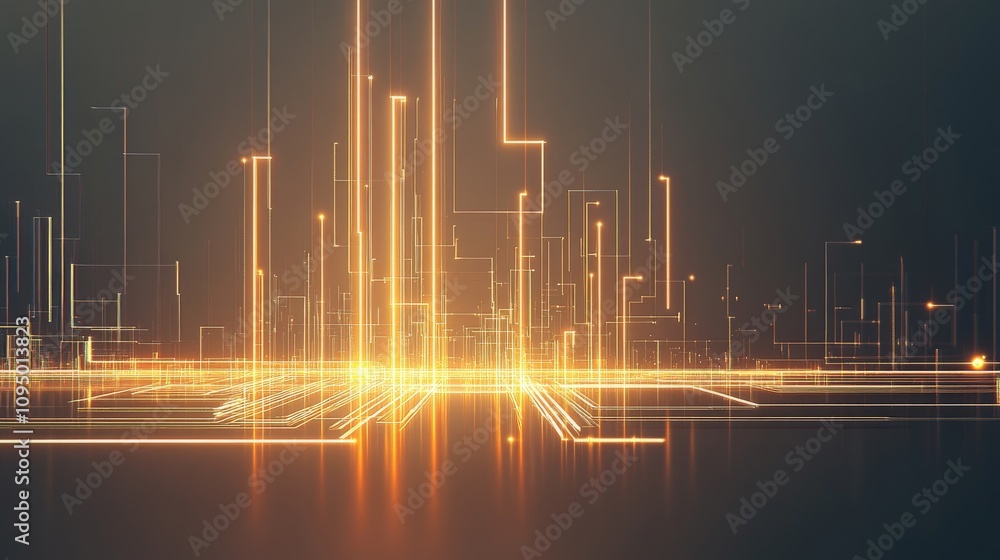 Poster a visually striking digital abstraction featuring glowing vertical lines and radiant light, creating