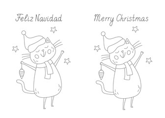 Greeting card with a funny joyful  cat wearing Santa hat and a Christmas ornament. Merry Christmas  Spanish and English hand drawn letterin,  black outline doodle illustration for coloring