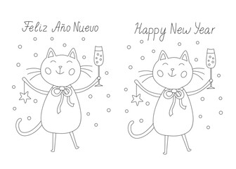 Greeting card with a funny, festive joyful cat holding a glass of champagne. Happy New Year  Spanish and English hand drawn lettering,  black outline doodle illustration for coloring