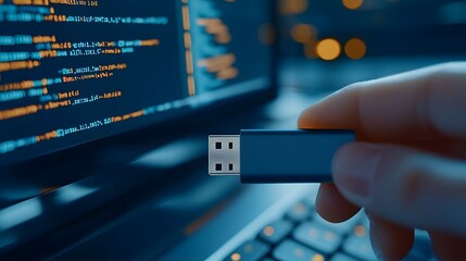 Close-up of a Hand Holding a USB Flash Drive Near a Computer Screen with Coding Text and Glowing Data Symbols in a Modern Tech Environment