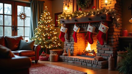 Cozy living room decorated for Christmas with stockings, a tree, and a warm fireplace creating a festive atmosphere