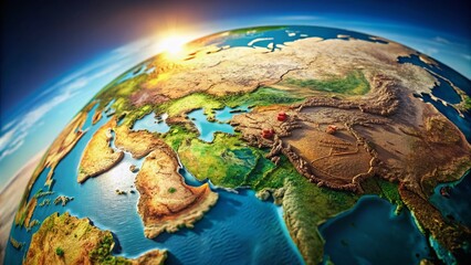 Fototapeta premium Illustration of a detailed globe positioned to the right, showcasing intricate map details, vibrant colors, with ample copy space for text or branding, ideal for educational and promotional use.