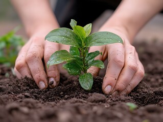 Nurturing New Growth: Close-up of hands carefully planting a young seedling in rich soil, symbolizing the promise of new beginnings, sustainability, and growth.  
